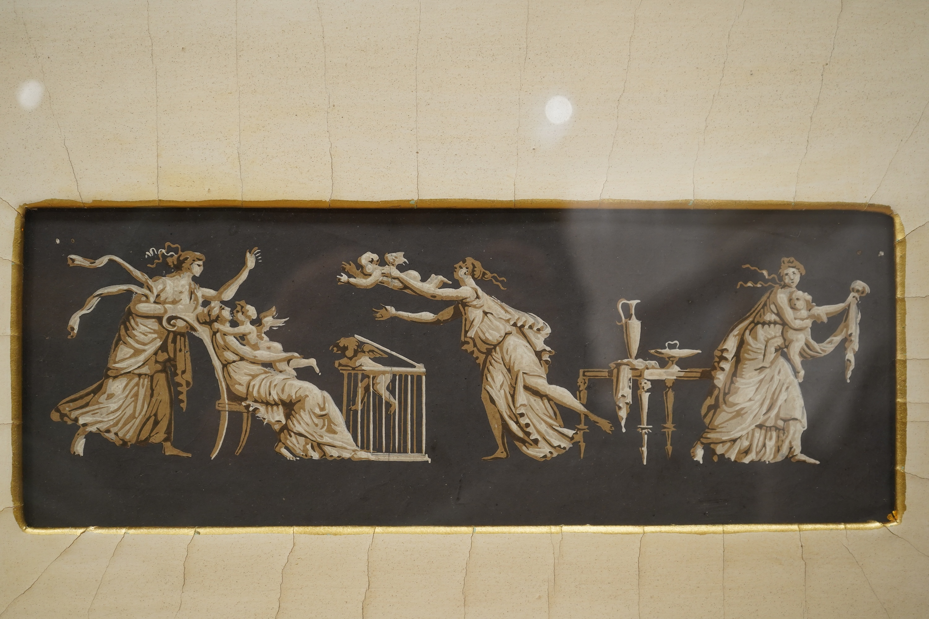 Neopolitan School, Classical figure groups, pair of en grisaille gouaches, housed in gilt and ebonised frames, each 9 x 26cm